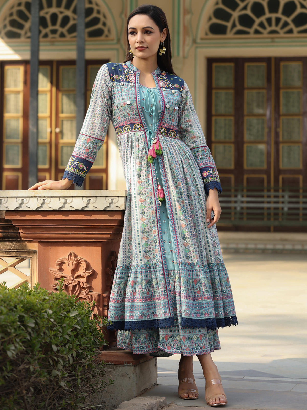 Juniper Women's Juniper Women's Sky Blue Cambric Printed With Embroidery Flared Dress - Distacart