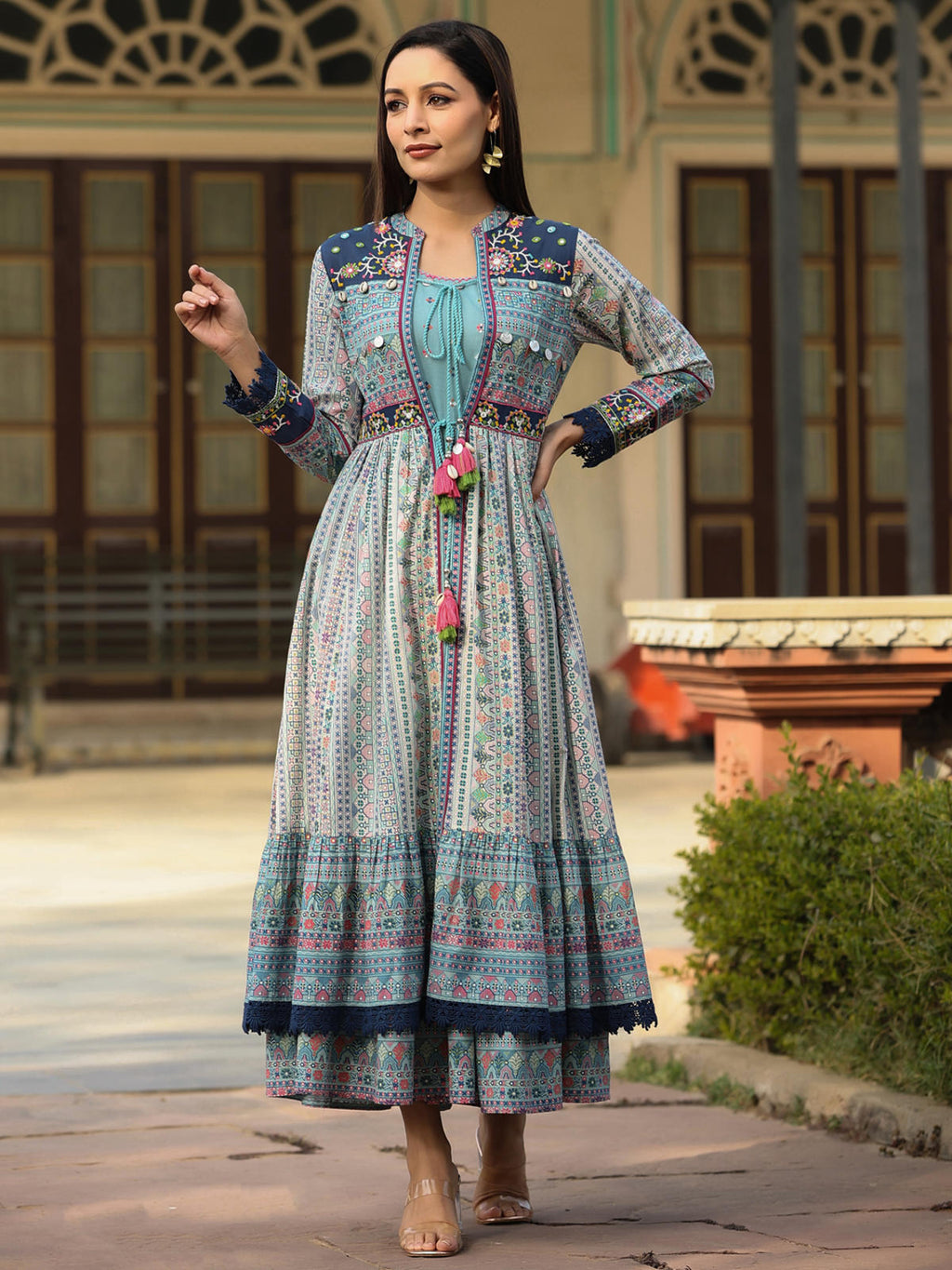 Juniper Women's Juniper Women's Sky Blue Cambric Printed With Embroidery Flared Dress - Distacart