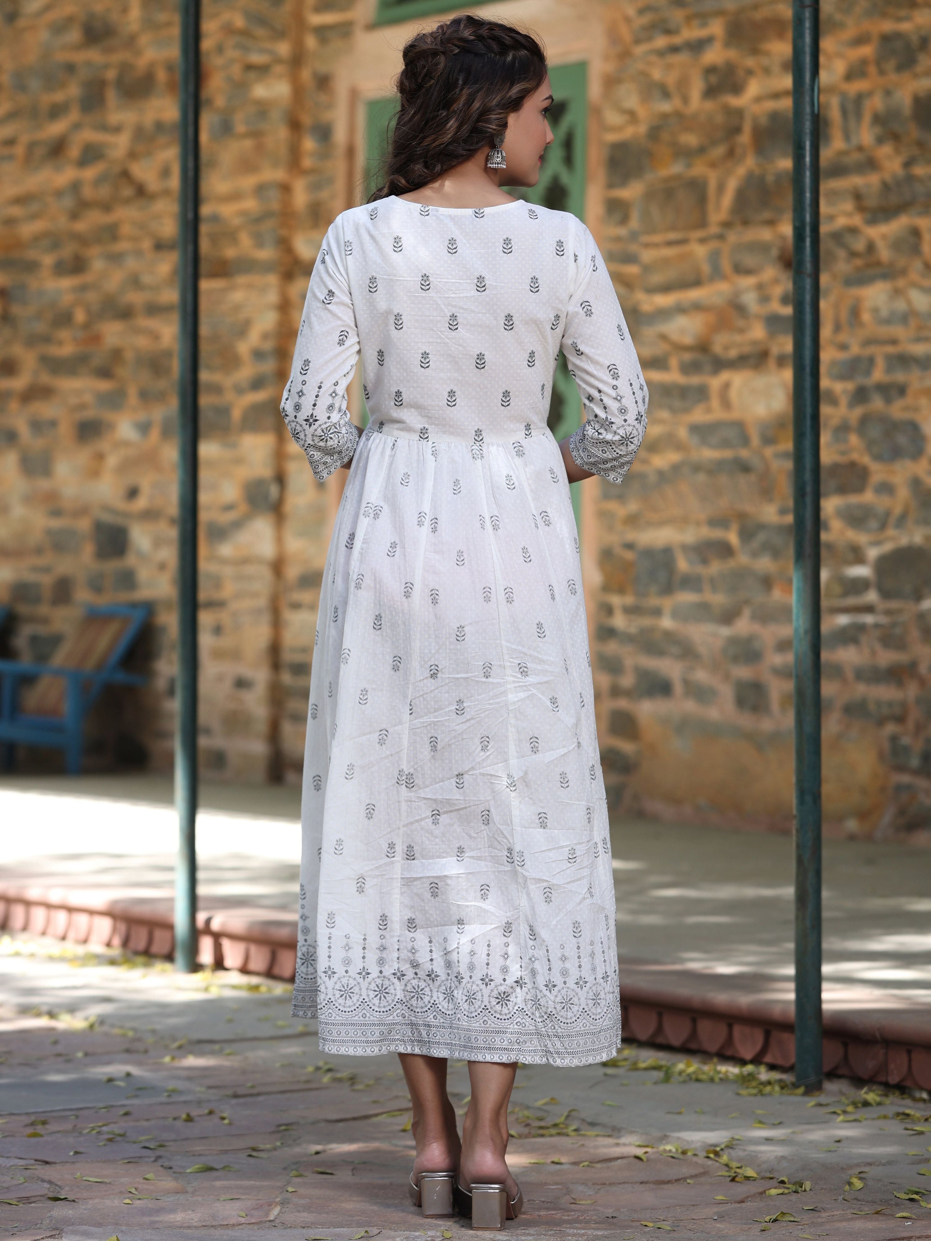 Juniper White Pure Cotton Printed Kurta, Sharara & Dupatta Set With Beads & Sequins - Distacart