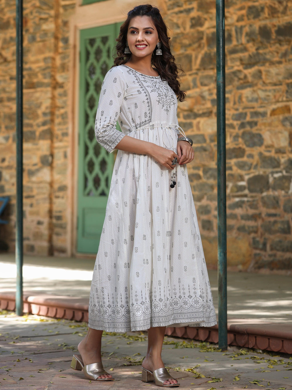 Juniper White Pure Cotton Printed Kurta, Sharara & Dupatta Set With Beads & Sequins - Distacart