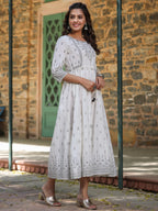 Juniper White Pure Cotton Printed Kurta, Sharara & Dupatta Set With Beads & Sequins - Distacart
