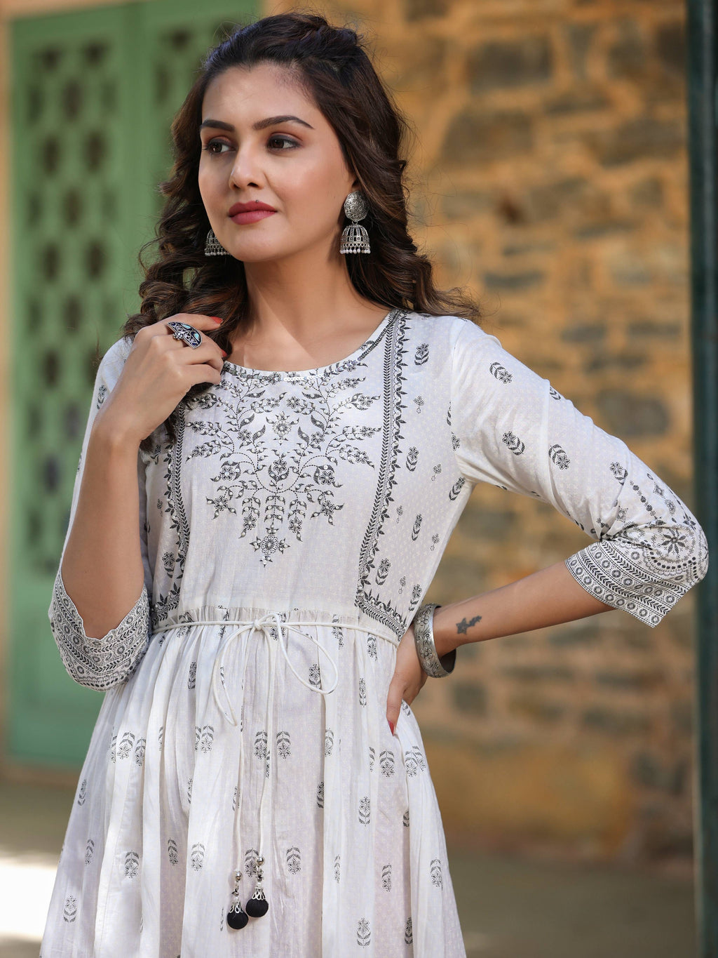 Juniper White Pure Cotton Printed Kurta, Sharara & Dupatta Set With Beads & Sequins - Distacart