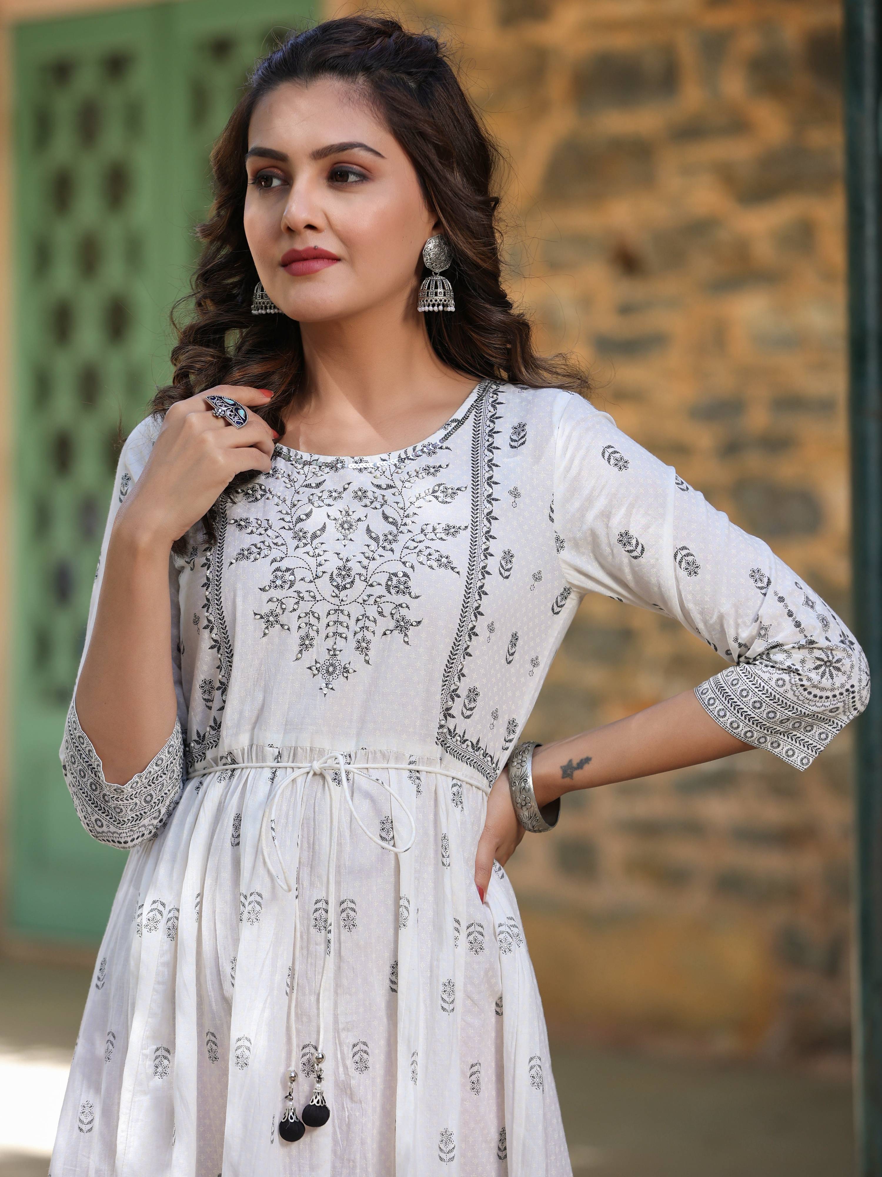 Juniper White Pure Cotton Printed Kurta, Sharara & Dupatta Set With Beads & Sequins - Distacart