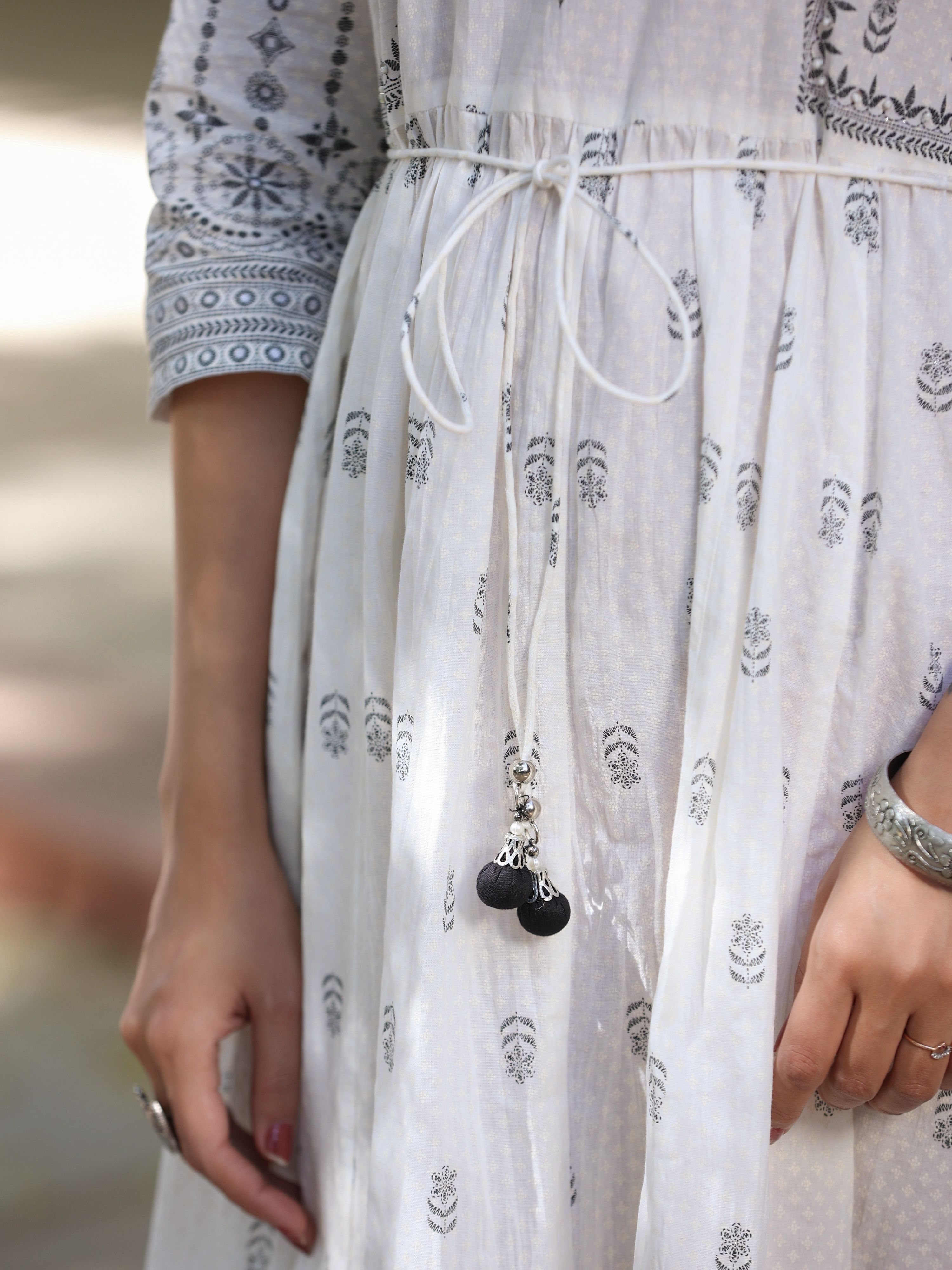 Juniper White Pure Cotton Printed Kurta, Sharara & Dupatta Set With Beads & Sequins - Distacart