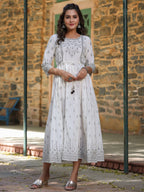 Juniper White Pure Cotton Printed Kurta, Sharara & Dupatta Set With Beads & Sequins - Distacart