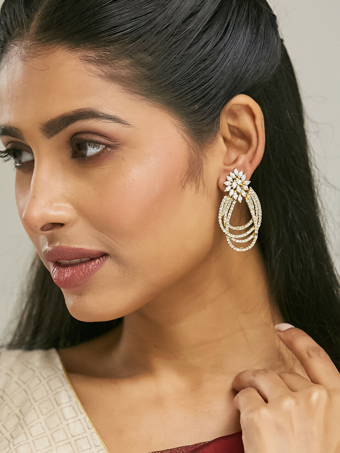 Nuyug 22K Gold-Plated Floral Motif Zircon Stone Studded Teardrop Shaped Elegant Drop Dangler Earrings - Distacart