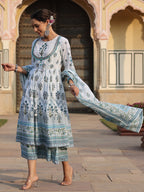 Juniper Sky Blue Ethnic Motif Printed Pure Cotton Layered Dress & Kota Dupatta Set With Thread Work - Distacart
