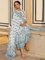 Juniper Sky Blue Ethnic Motif Printed Pure Cotton Layered Dress & Kota Dupatta Set With Thread Work - Distacart