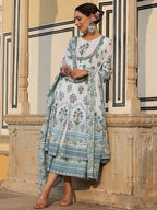 Juniper Sky Blue Ethnic Motif Printed Pure Cotton Layered Dress & Kota Dupatta Set With Thread Work - Distacart