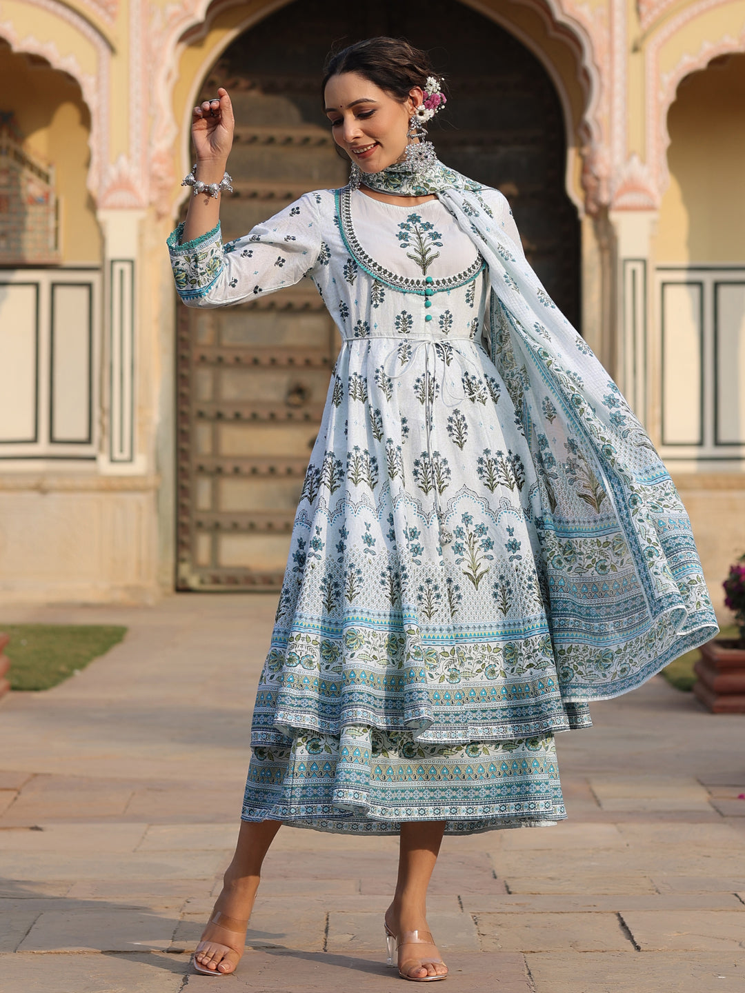 Juniper Sky Blue Ethnic Motif Printed Pure Cotton Layered Dress & Kota Dupatta Set With Thread Work - Distacart