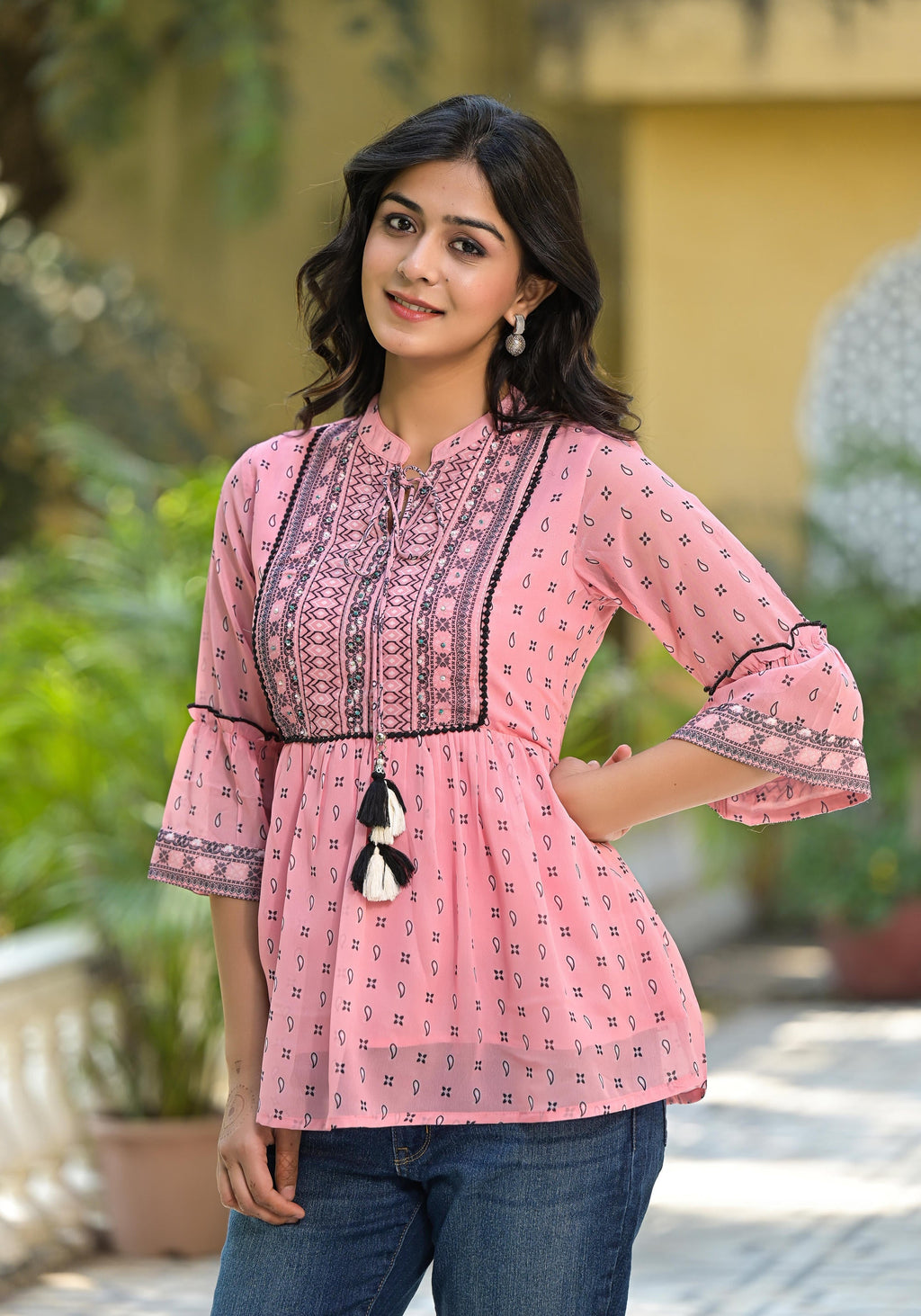 Juniper Women's Peach Ethnic Motif Printed Georgette Tunic With Sequins & Doris