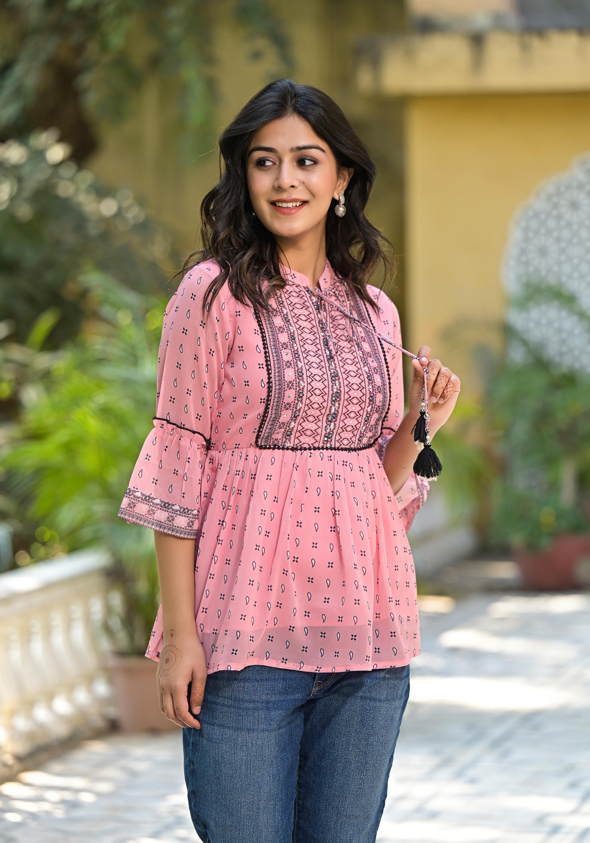 Juniper Women's Peach Ethnic Motif Printed Georgette Tunic With Sequins & Doris
