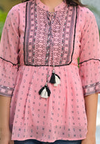 Juniper Women's Peach Ethnic Motif Printed Georgette Tunic With Sequins & Doris