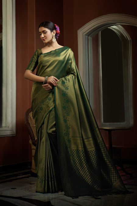 Vardha Myrtle Green Golden Zari Kanjeevaram Silk Saree