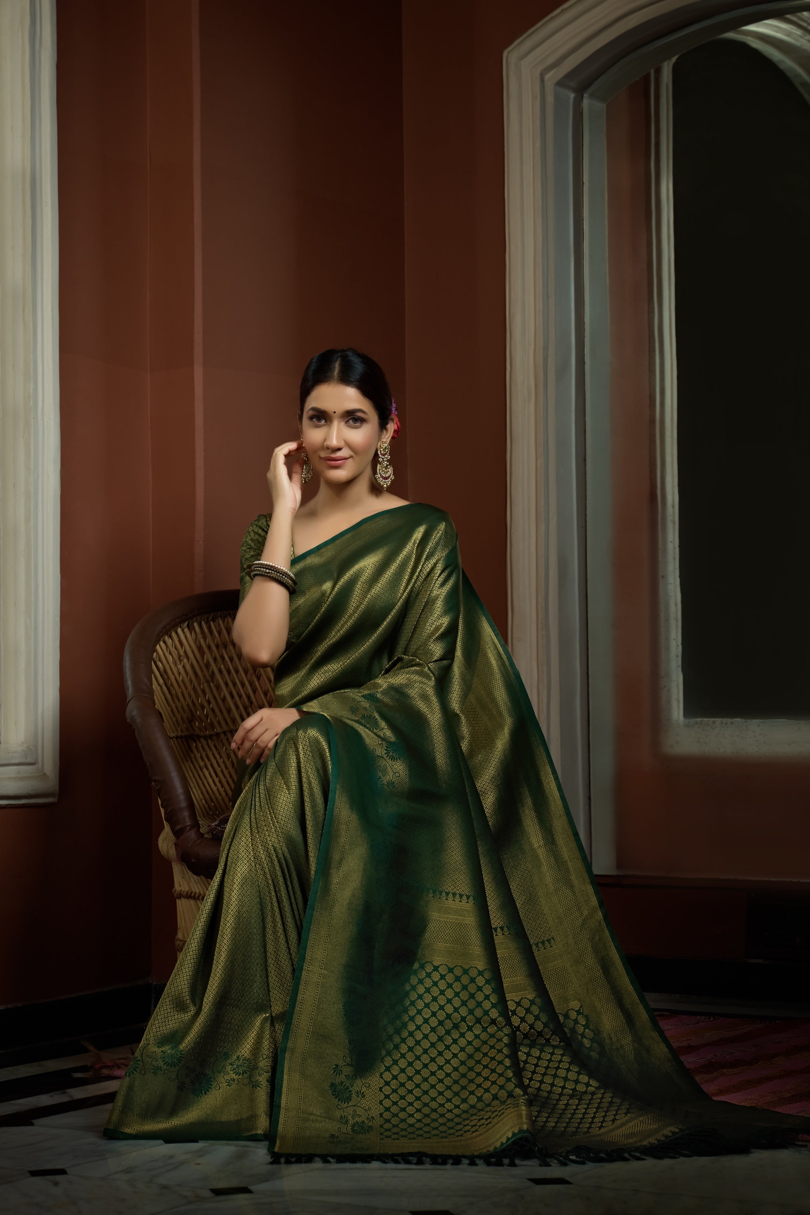 Vardha Myrtle Green Golden Zari Kanjeevaram Silk Saree