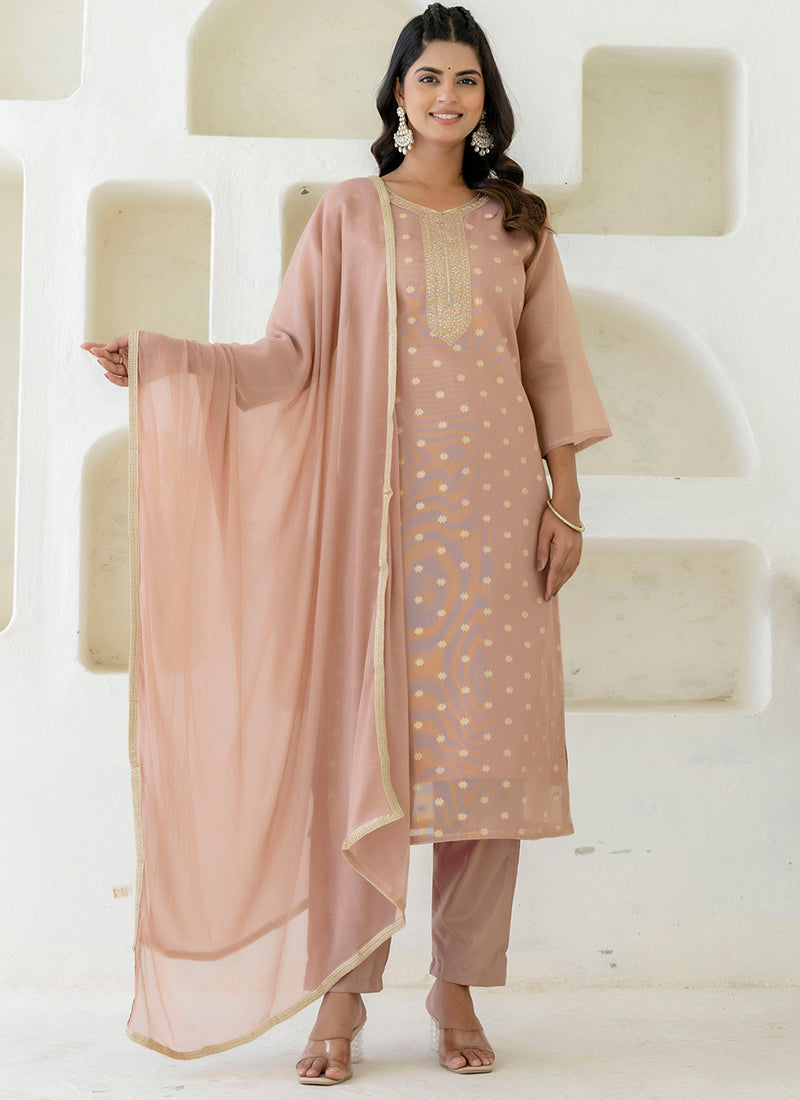 Vellora Chanderi Silk Peach Casual Wear Embroidery Work Readymade Salwar Suit - Distacart