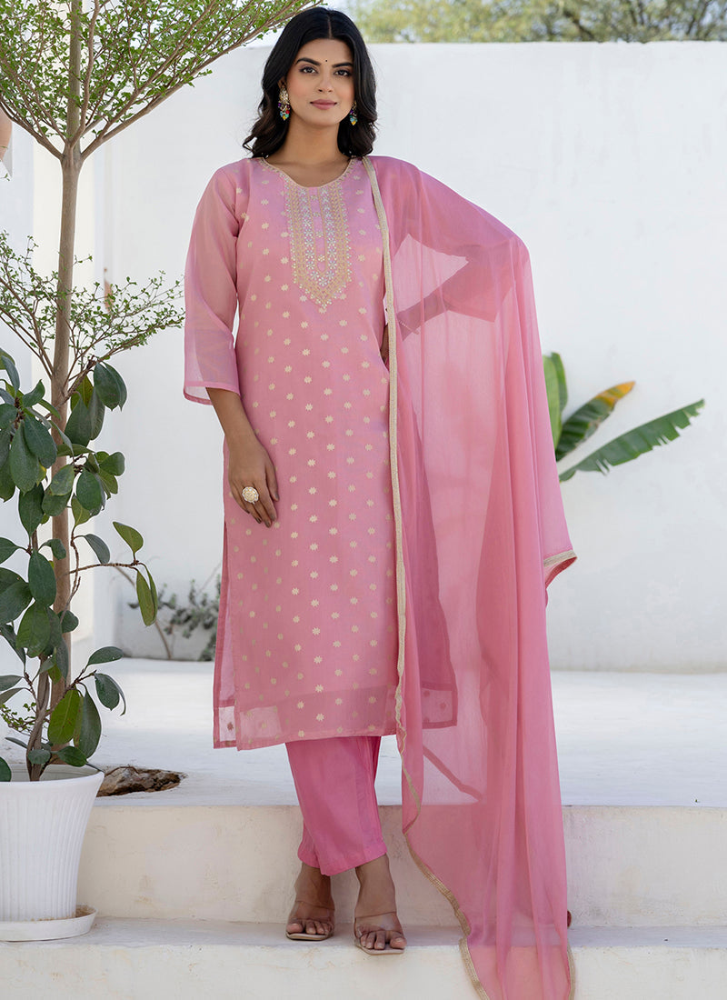 Vellora Chanderi Silk Pink Casual Wear Embroidery Work Readymade Salwar Suit - Distacart