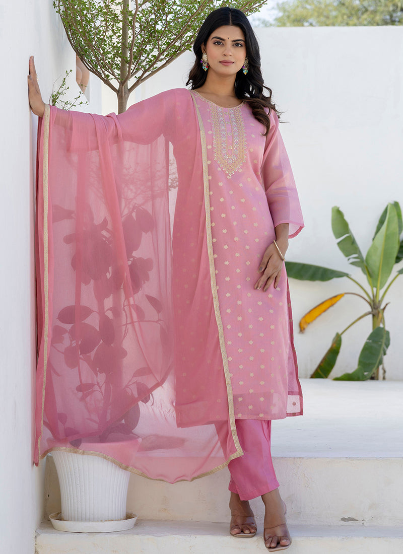 Vellora Chanderi Silk Pink Casual Wear Embroidery Work Readymade Salwar Suit - Distacart