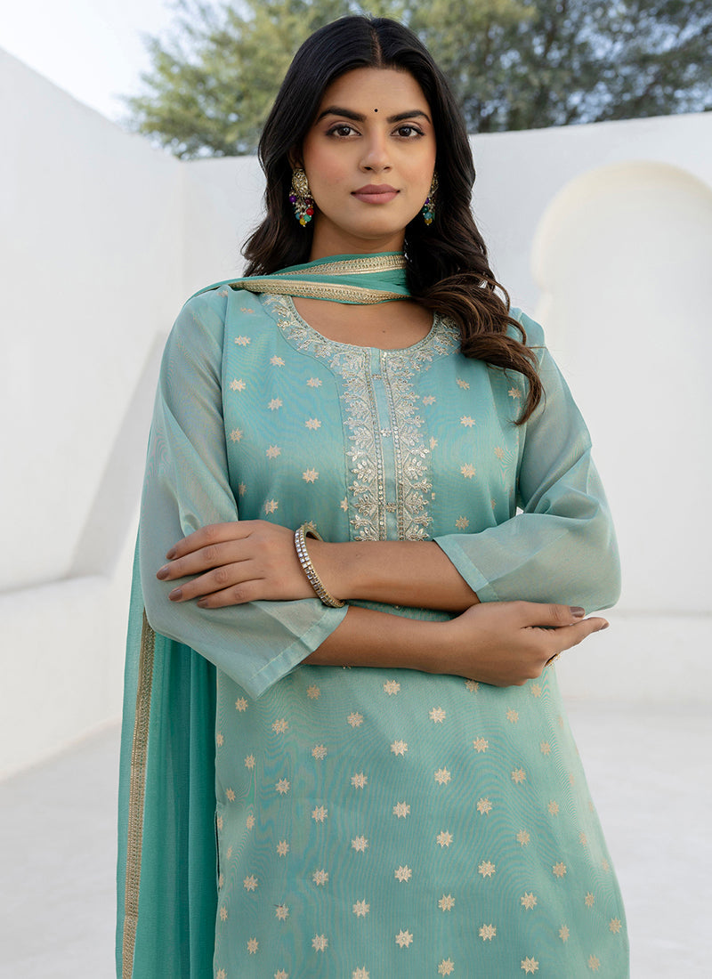 Vellora Chanderi Silk Sea Green Casual Wear Embroidery Work Readymade Salwar Suit - Distacart