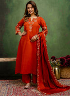 Vellora Silk Blend Rust Orange Party Wear Embroidery Work Readymade Salwar Suit - Distacart