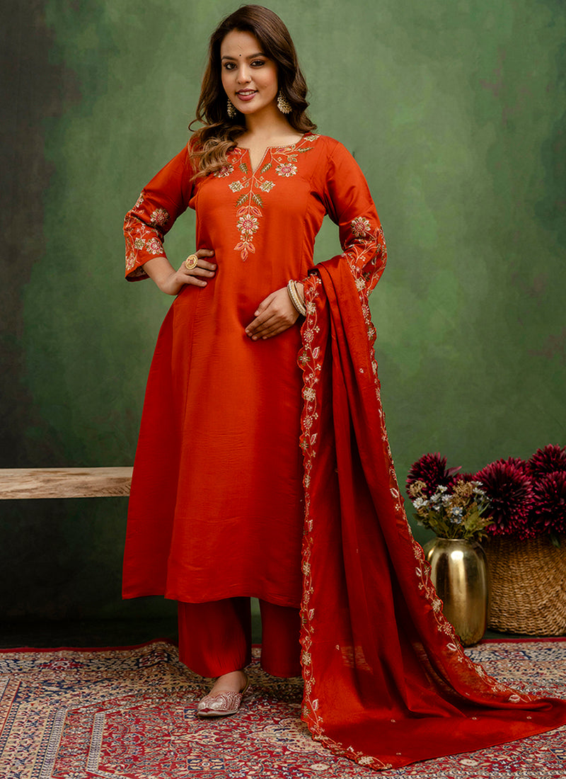 Vellora Silk Blend Rust Orange Party Wear Embroidery Work Readymade Salwar Suit - Distacart