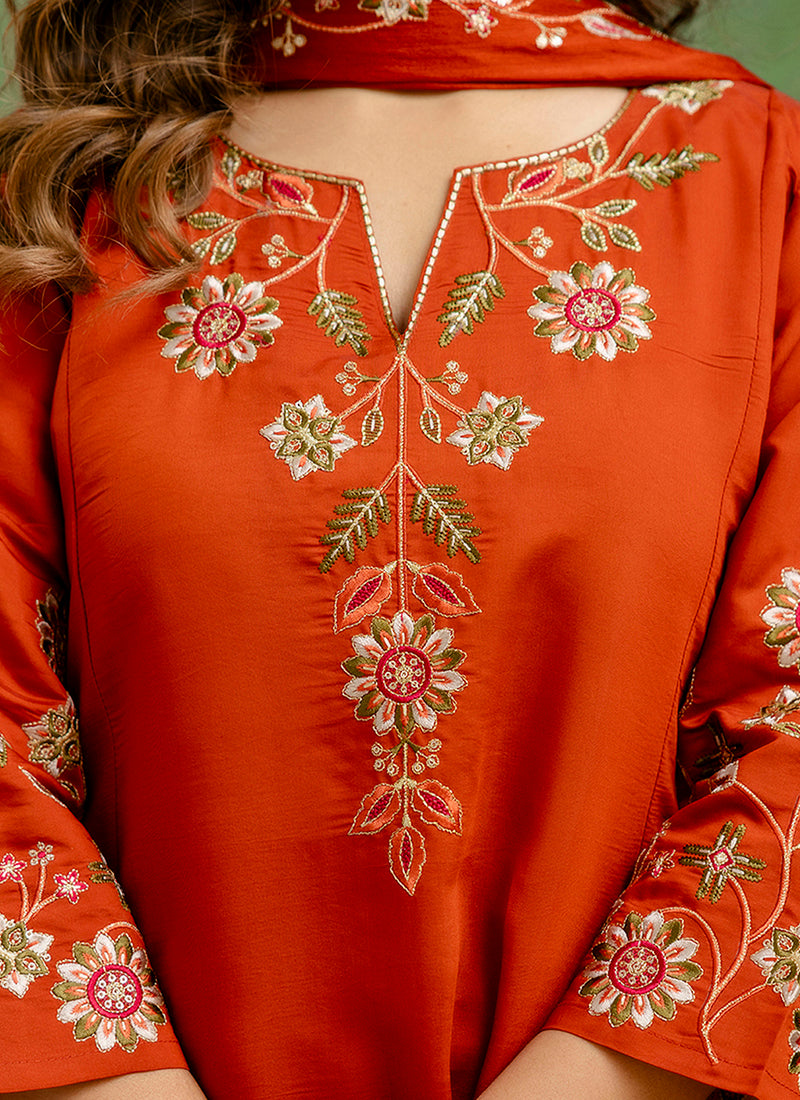 Vellora Silk Blend Rust Orange Party Wear Embroidery Work Readymade Salwar Suit - Distacart