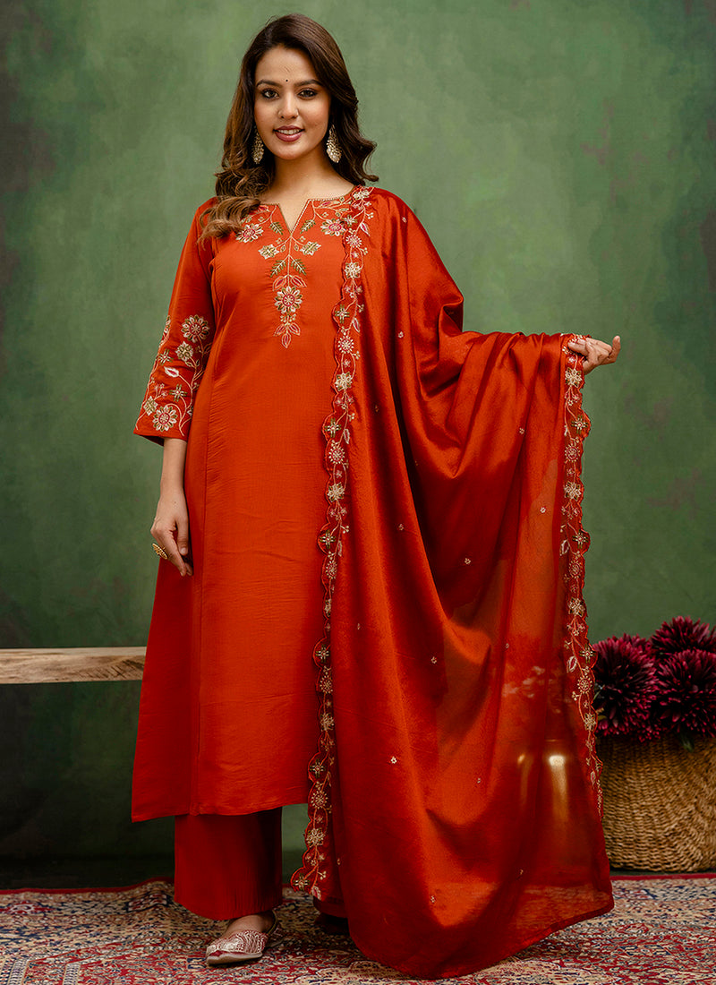 Vellora Silk Blend Rust Orange Party Wear Embroidery Work Readymade Salwar Suit - Distacart