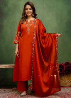 Vellora Silk Blend Rust Orange Party Wear Embroidery Work Readymade Salwar Suit - Distacart