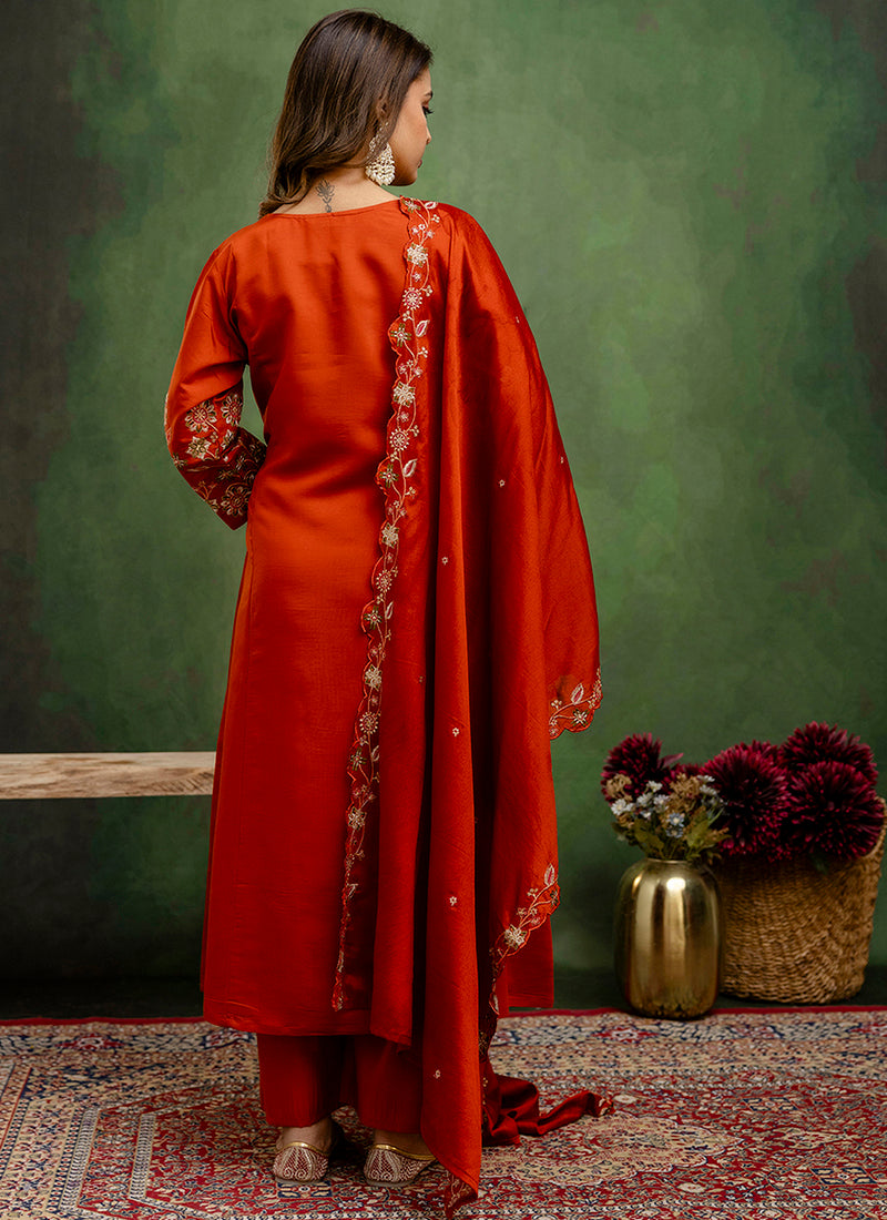 Vellora Silk Blend Rust Orange Party Wear Embroidery Work Readymade Salwar Suit - Distacart