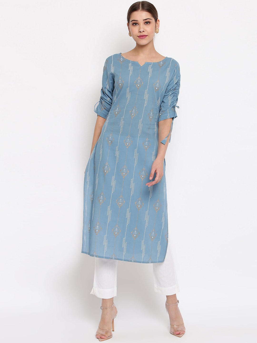 Janasya Blue Printed Straight Kurta - Distacart