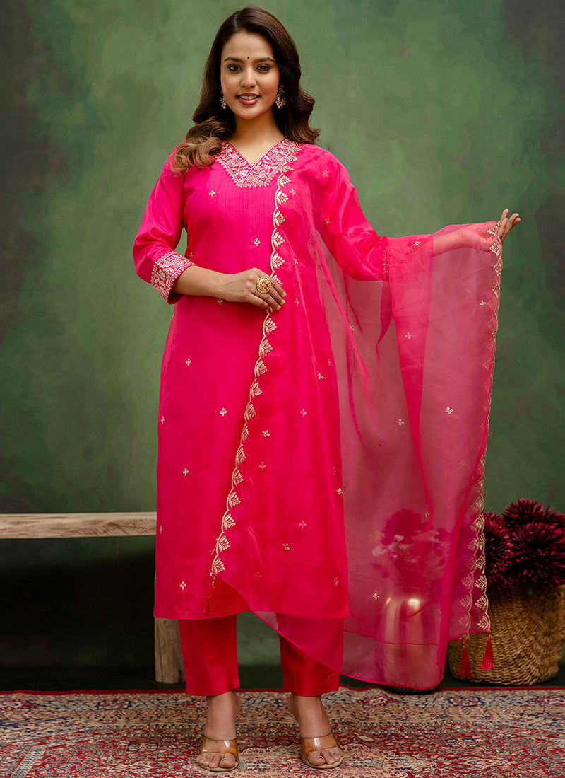Vellora Silk Blend Rani Pink Casual Wear Embroidery Work Readymade Salwar Suit - Distacart