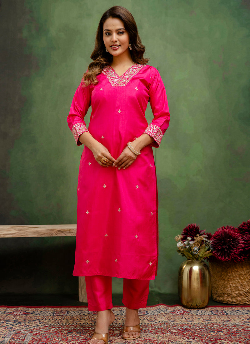 Vellora Silk Blend Rani Pink Casual Wear Embroidery Work Readymade Salwar Suit - Distacart