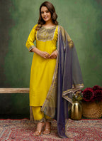 Vellora Silk Blend Lime Green Casual Wear Embroidery Work Readymade Salwar Suit - Distacart
