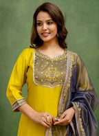 Vellora Silk Blend Lime Green Casual Wear Embroidery Work Readymade Salwar Suit - Distacart