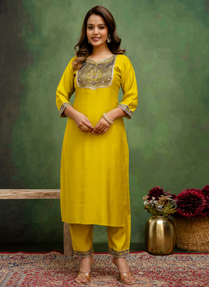 Vellora Silk Blend Lime Green Casual Wear Embroidery Work Readymade Salwar Suit - Distacart