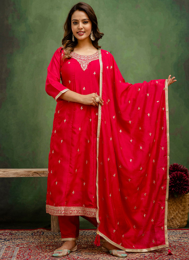 Vellora Silk Blend Rani Pink Casual Wear Embroidery Work Readymade Salwar Suit - Distacart