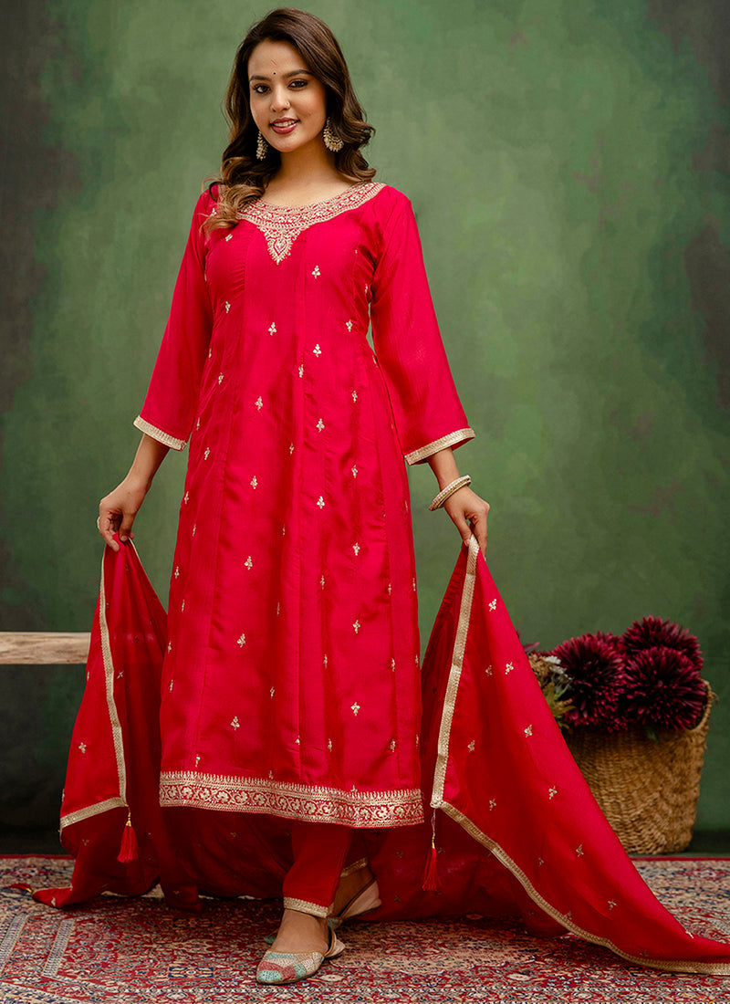 Vellora Silk Blend Rani Pink Casual Wear Embroidery Work Readymade Salwar Suit - Distacart