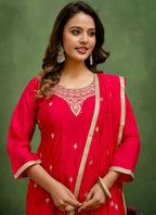 Vellora Silk Blend Rani Pink Casual Wear Embroidery Work Readymade Salwar Suit - Distacart