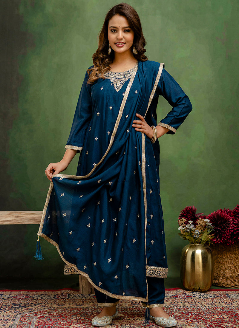 Vellora Silk Blend Navy Blue Casual Wear Embroidery Work Readymade Salwar Suit - Distacart