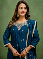 Vellora Silk Blend Navy Blue Casual Wear Embroidery Work Readymade Salwar Suit - Distacart