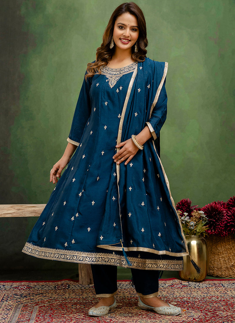Vellora Silk Blend Navy Blue Casual Wear Embroidery Work Readymade Salwar Suit - Distacart