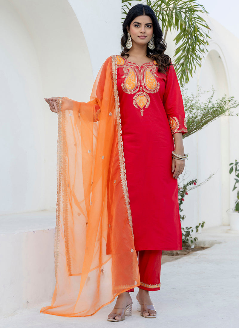 Vellora Viscose Rayon Red Casual Wear Embroidery Work Readymade Salwar Suit - Distacart