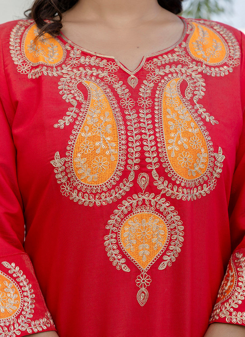 Vellora Viscose Rayon Red Casual Wear Embroidery Work Readymade Salwar Suit - Distacart