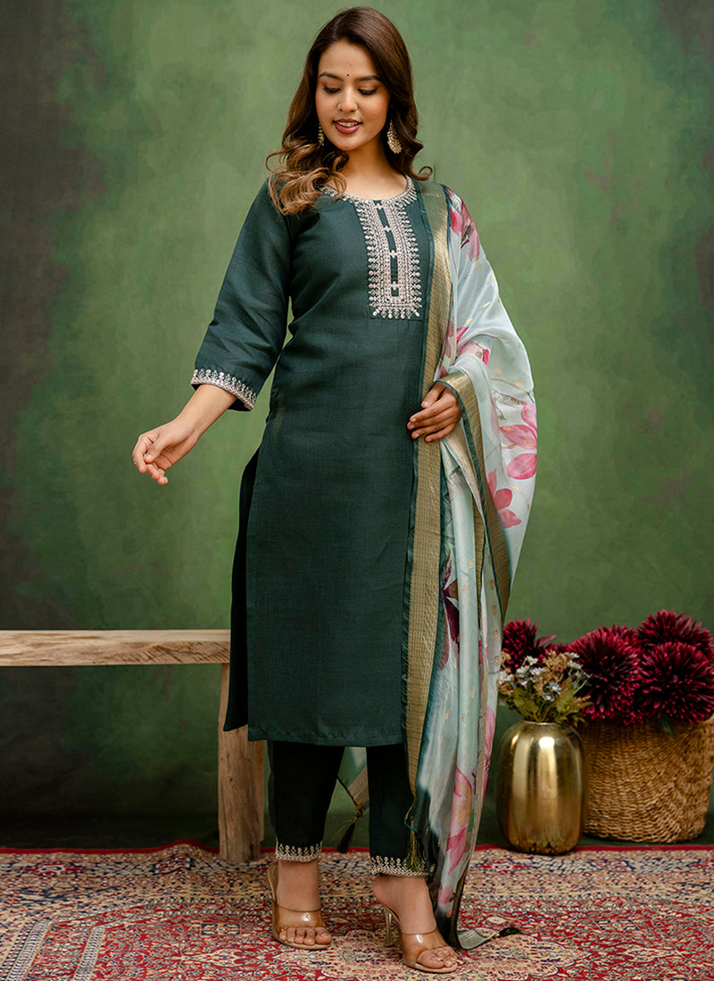 Vellora Cotton Blend Dark Green Casual Wear Embroidery Work Readymade Salwar Suit - Distacart