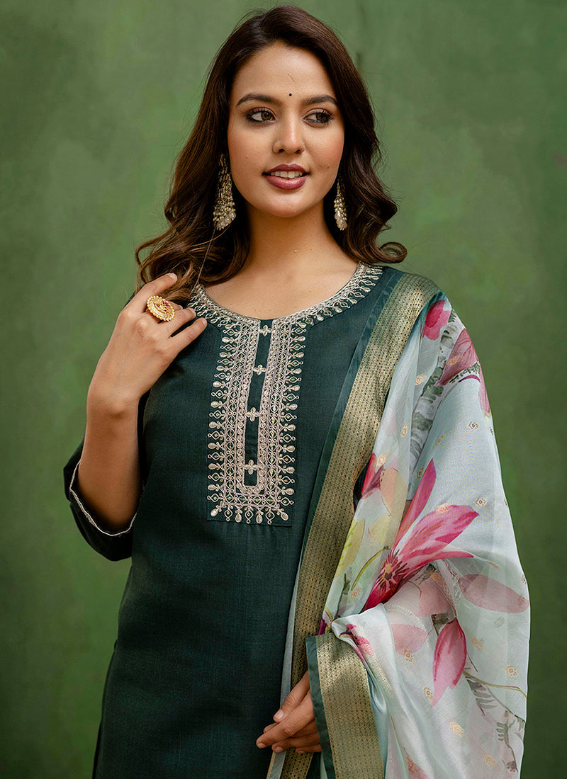Vellora Cotton Blend Dark Green Casual Wear Embroidery Work Readymade Salwar Suit - Distacart