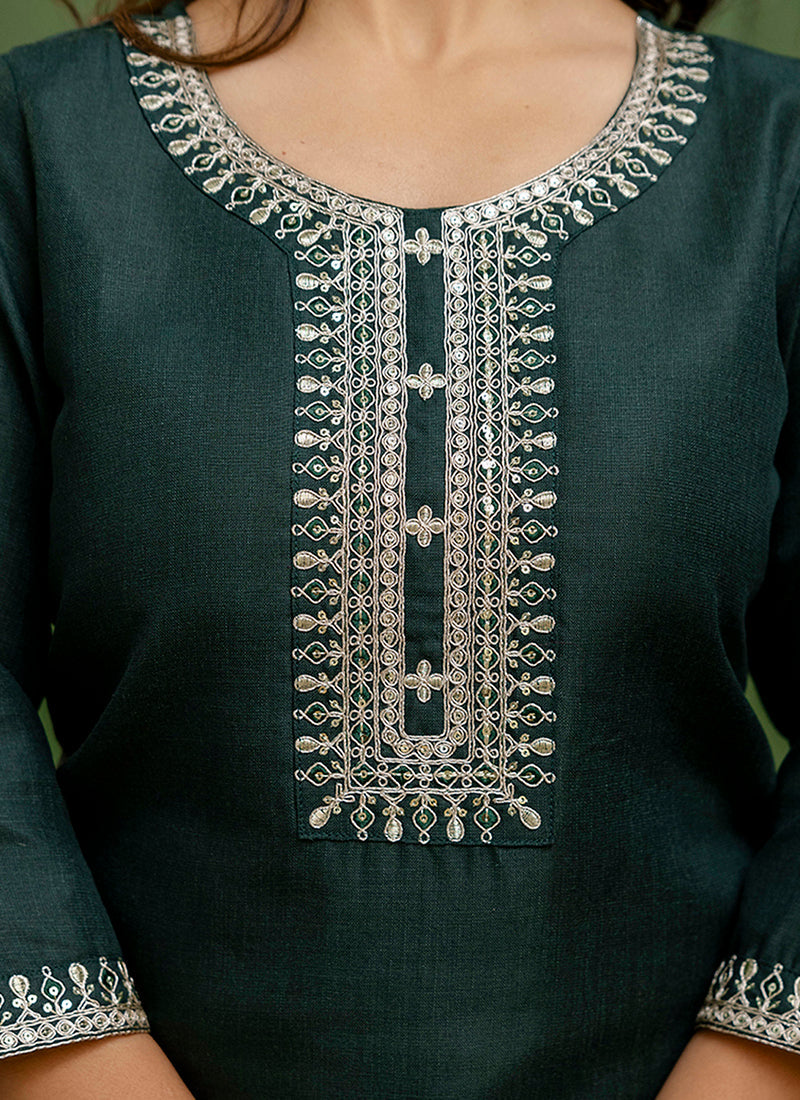 Vellora Cotton Blend Dark Green Casual Wear Embroidery Work Readymade Salwar Suit - Distacart