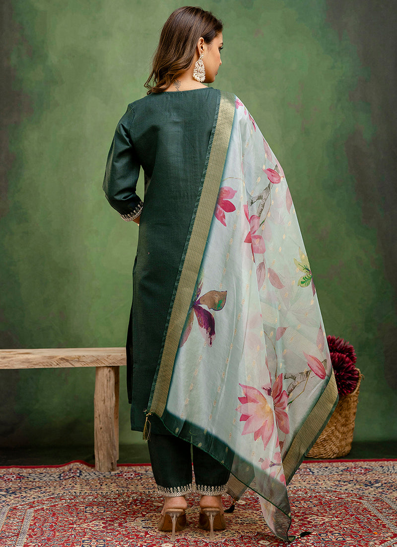 Vellora Cotton Blend Dark Green Casual Wear Embroidery Work Readymade Salwar Suit - Distacart