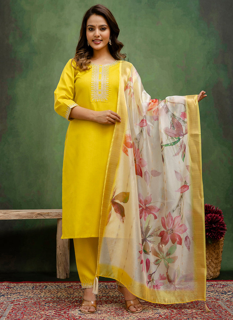 Vellora Cotton Blend Lime Green Casual Wear Embroidery Work Readymade Salwar Suit - Distacart