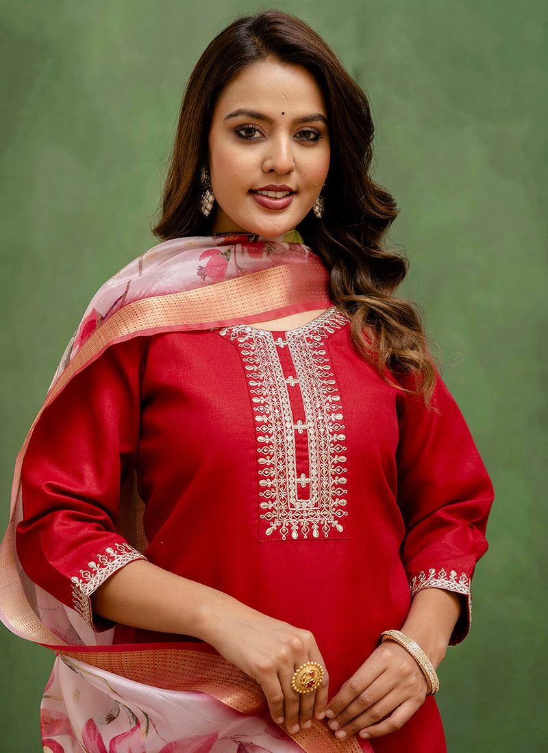 Vellora Cotton Blend Red Casual Wear Embroidery Work Readymade Salwar Suit - Distacart