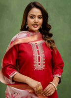 Vellora Cotton Blend Red Casual Wear Embroidery Work Readymade Salwar Suit - Distacart